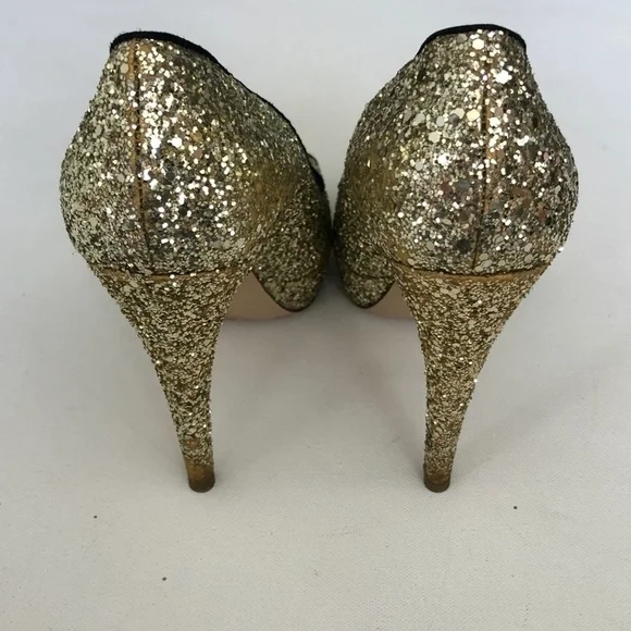Miu Miu Gold Glitter Black Trim Peep Pumps Heels 9